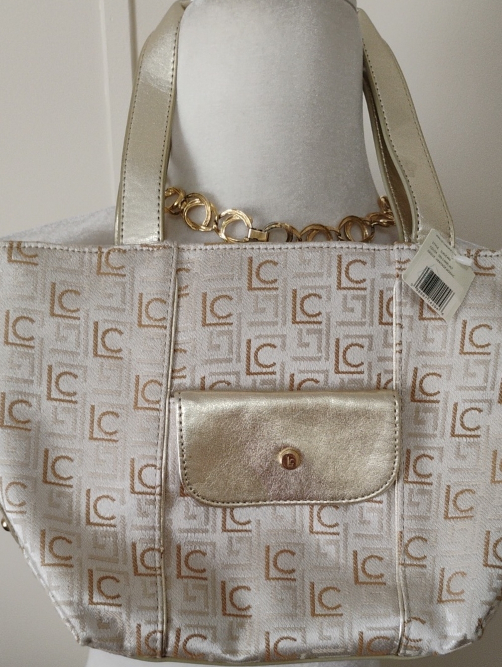 NWOT Liz Claiborne Ivory and Metallic Gold Logo Satchel